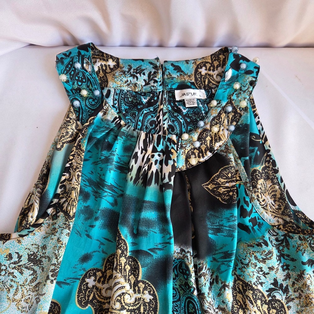 Jaipur Womens Y2K Tuscan Paisley Leopard Beaded Neck Sleeveless Blouse Blue L - Picture 2 of 8